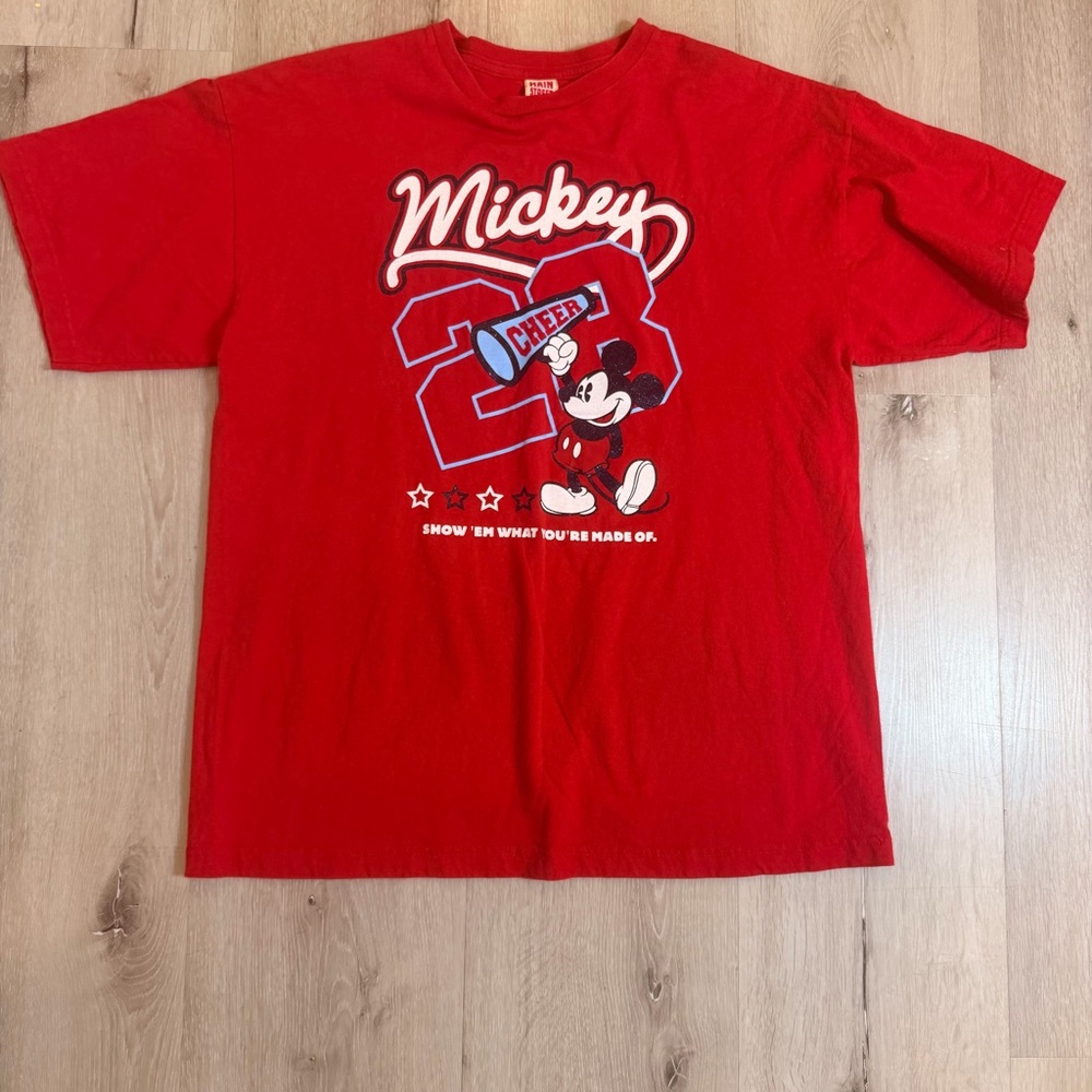 Vtg Y2K Disney Mickey Mouse "Cheer" Graphic Tee - Red Glitter - Size XL
